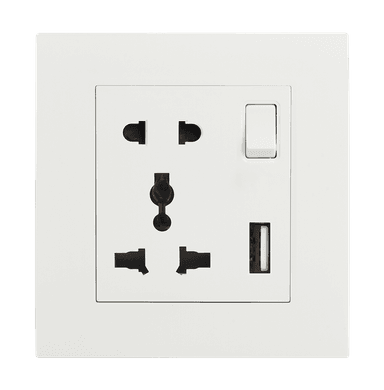 VIRAGO Multy + 2Pin Single 1Pole Switched Socket Outlet with Type-A USB Charger Outlet White