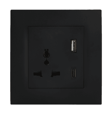 VIRAGO Multy Single 1Pole Switched Socket Outlet with Type-A + Type-C USB Charger Outlet Black